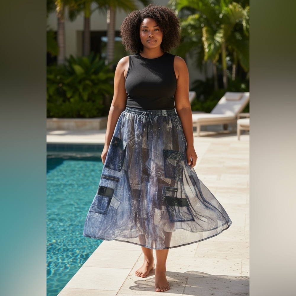 Ashley Stewart Denim Print Sheer Midi Skirt 18/20 Plus Size Cargo Pocket Boho